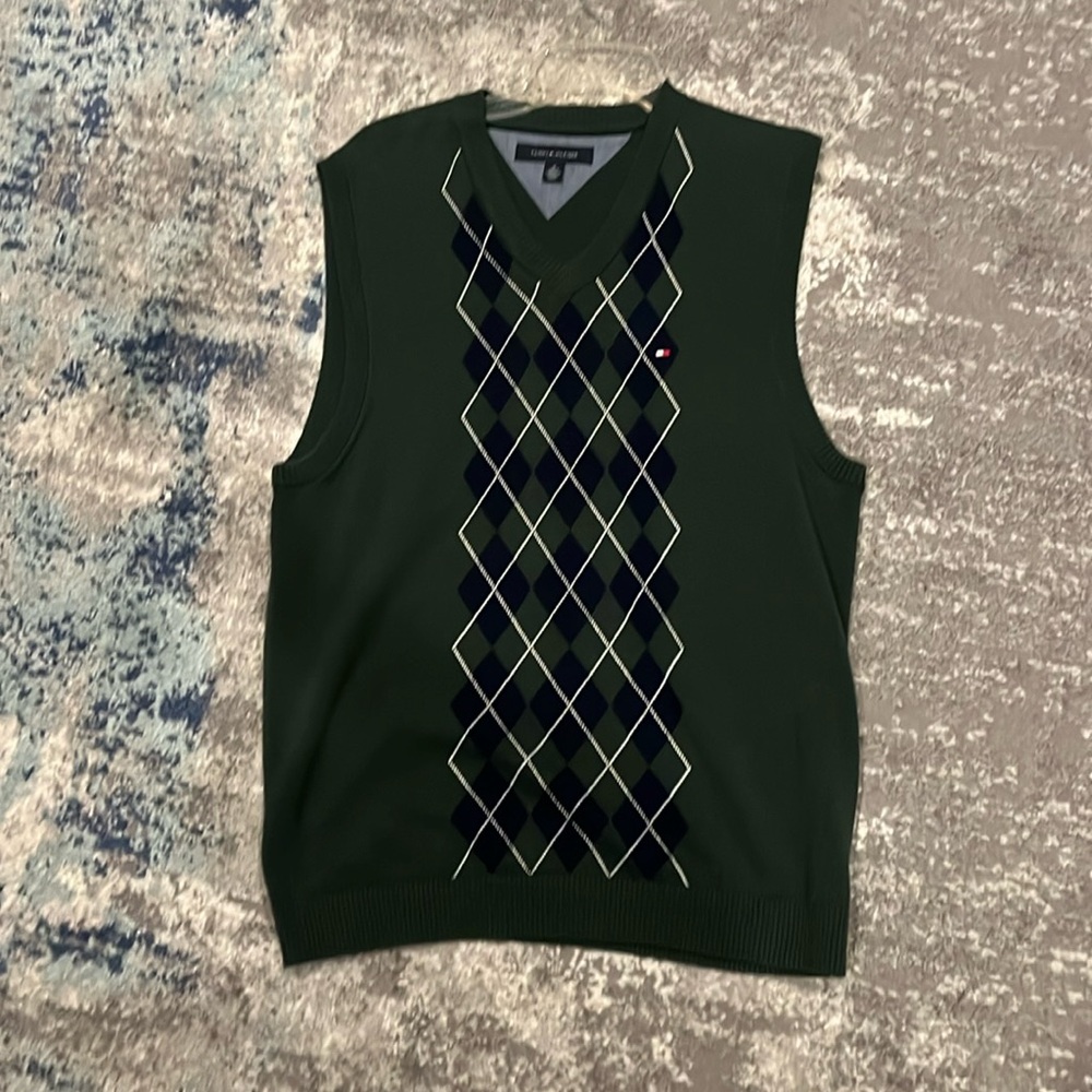 Tommy Hilfiger Green Sleeveless Knitted Sweater – Medium, Argyle Pattern